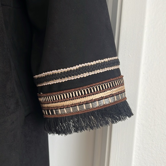 ZARA Combination Faux Suede Embroidered Fringe Hem Jacket Black - Picture 4 of 4